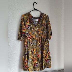 Olive Floral Boho Midi Dress with Multicolor Print